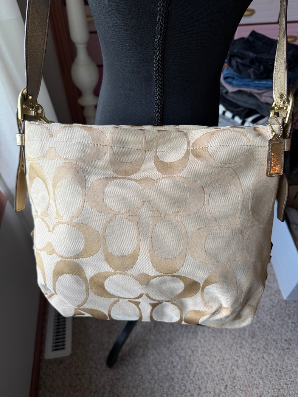 Coach Khaki Signature Canvas Crossbody Shoulder Bag with Gold Hardware